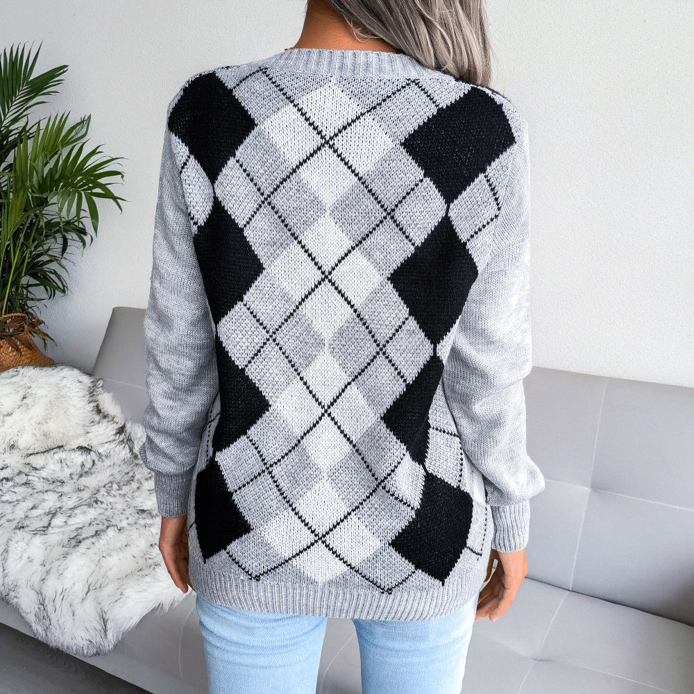 Autumn and Winter College Style Diamond Plaid Long-sleeved V-neck Casual Sweater for Women