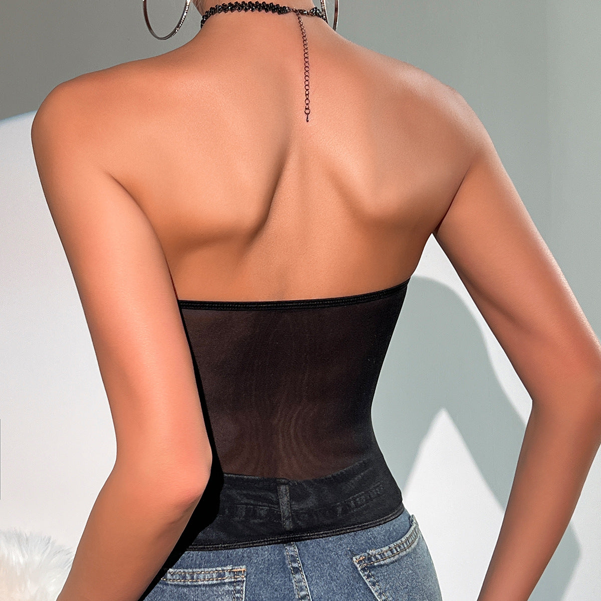 Hot Girl Black See-through Mesh Spliced Bra Backless Pleated Top Women Bustier