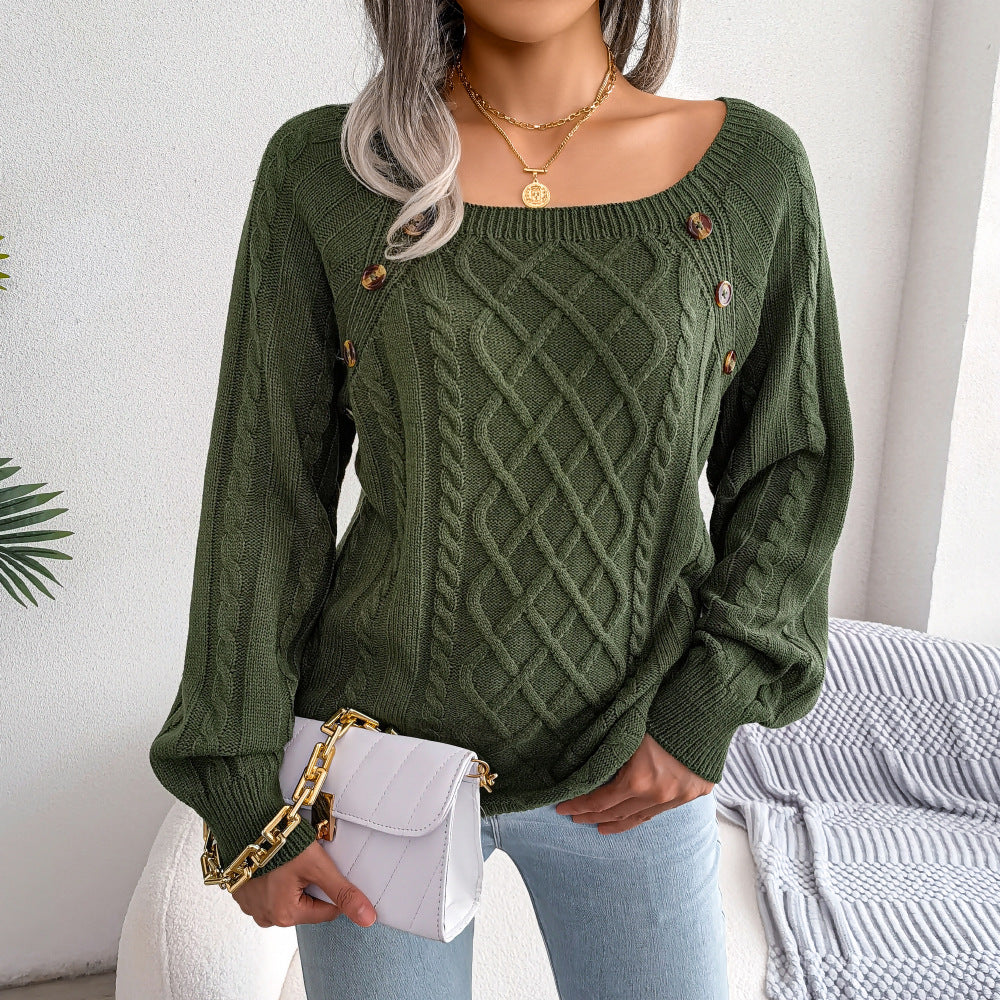 Autumn and Winter Casual Square Collar Decorative Button Twist Knitted Pullover Sweater for Women