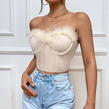 Women's Sexy Low Cut Short Feather Top Bustier