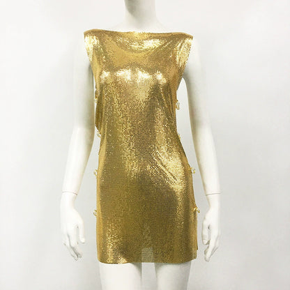 Women's Gold Metallic Sequin Rave Pin High Slit Dress Party Evening Dress