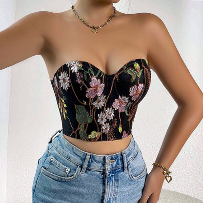 Sexy Low-cut Navel-baring Embroidered Crop Top Bustier for Women