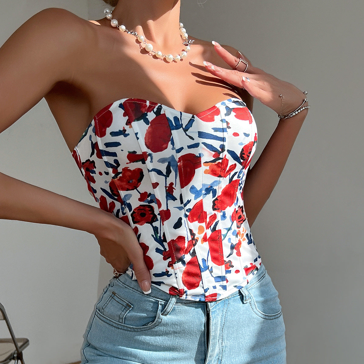 Sexy Hot Girl Low-cut Printed Flower Wrap Top Women Bustier