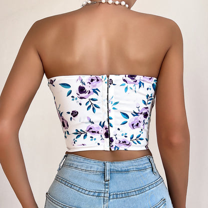 Sexy Hot Girl Low-cut Printed Flower Wrap Top Women Bustier