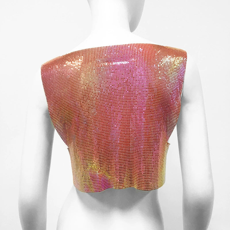 Holographic Red Metallic Sequin Top Rave Vest Music Festival Camisole