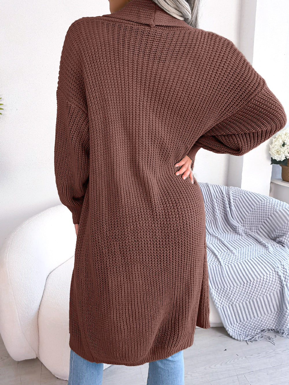 Autumn and Winter Casual Lapel Long Cardigan Long-sleeved Sweater Coat for Women