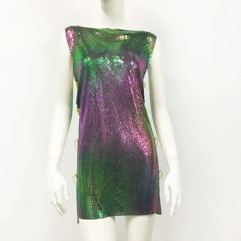 Holografisches, metallisches Pailletten-Rave-Pin-Kleid mit hohem Schlitz für Damen, Party-Abendkleid