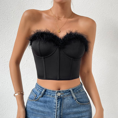 Women's Sexy Low Cut Short Feather Top Bustier