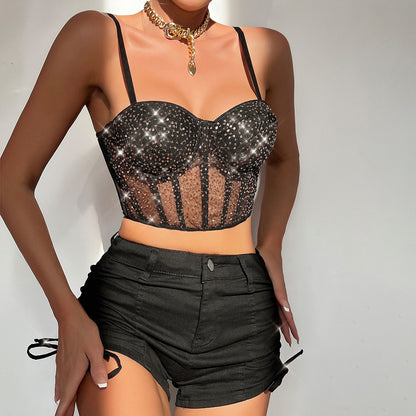 Hot Girl's Sexy Low-cut See-through Mesh Splicing Sequined Short Top Bustier for Women