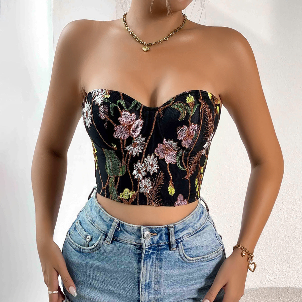 Sexy Low-cut Navel-baring Embroidered Crop Top Bustier for Women