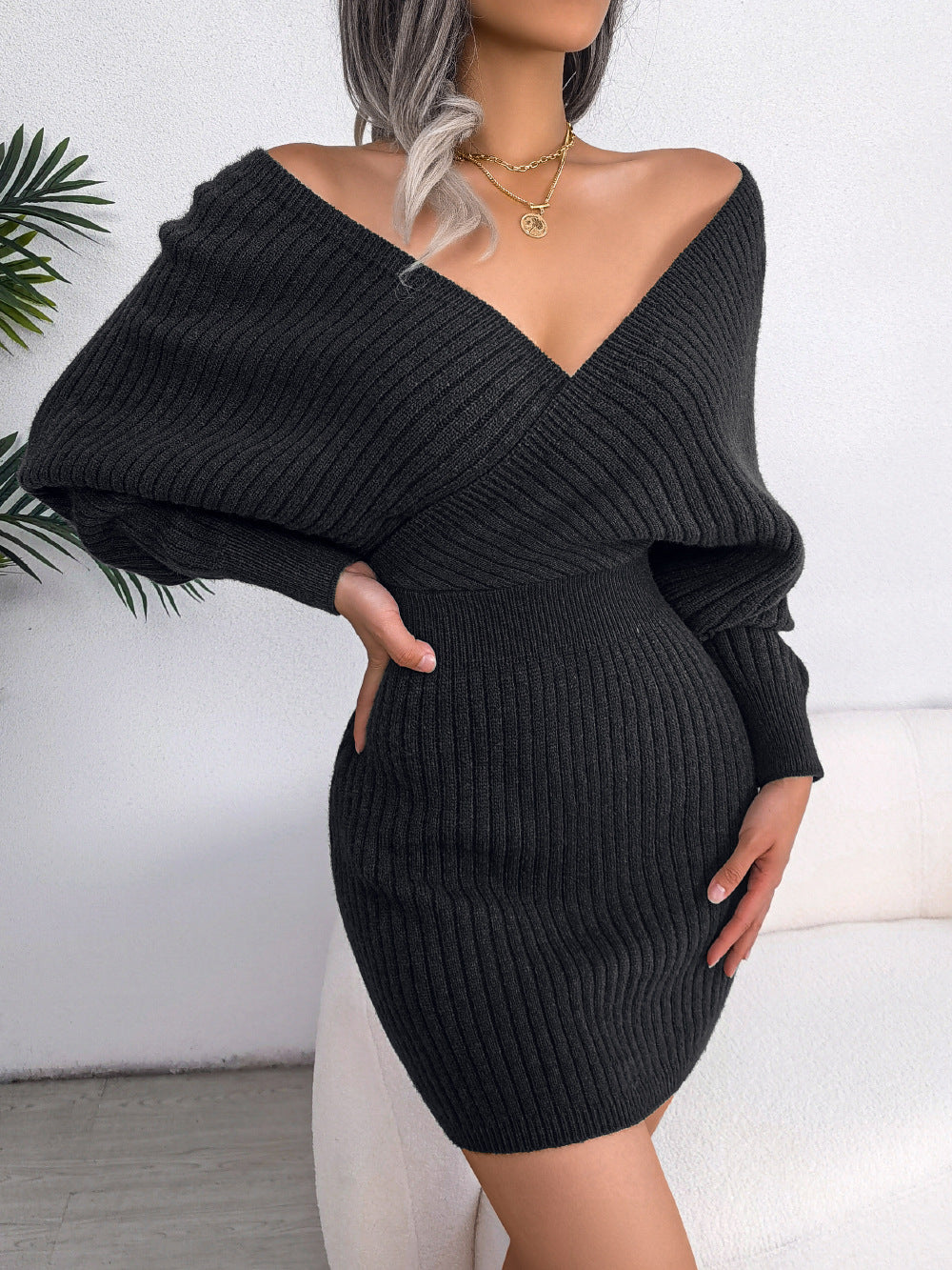 Autumn and Winter Sexy Cross V-neck Bat Long Sleeve Sweater Hip Dress for Women