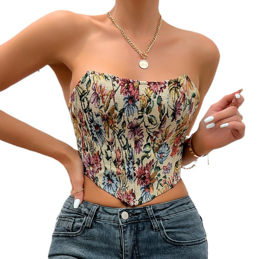 Retro Printed Chest Strap Top Bustier for Women