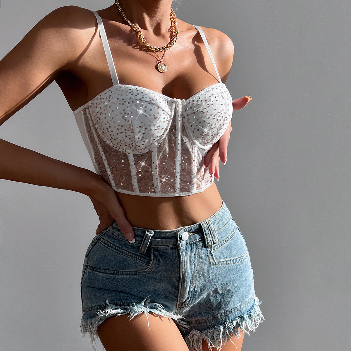 Hot Girl's Sexy Low-cut See-through Mesh Splicing Sequined Short Top Bustier for Women