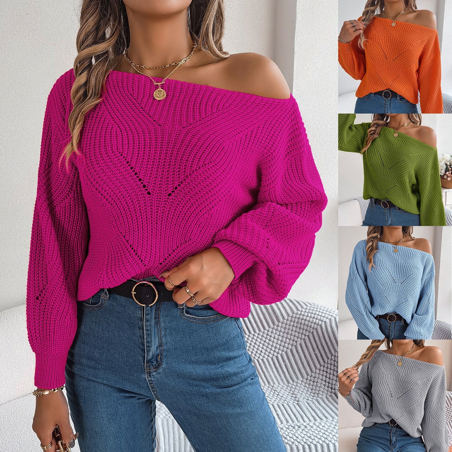 Autumn and Winter Casual Hollowed-out Off-shoulder Lantern Long-sleeved Sweater for Women