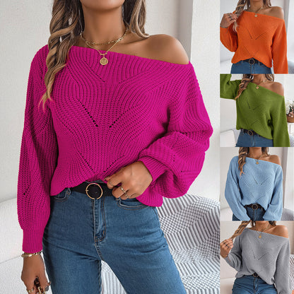 Autumn and Winter Casual Hollowed-out Off-shoulder Lantern Long-sleeved Sweater for Women