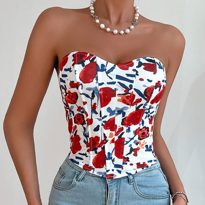 Sexy Hot Girl Low-cut Printed Flower Wrap Top Women Bustier