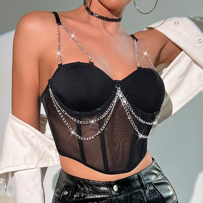 Sexy See-through Mesh Patchwork Short Top for Women Bustier with Metal Chain