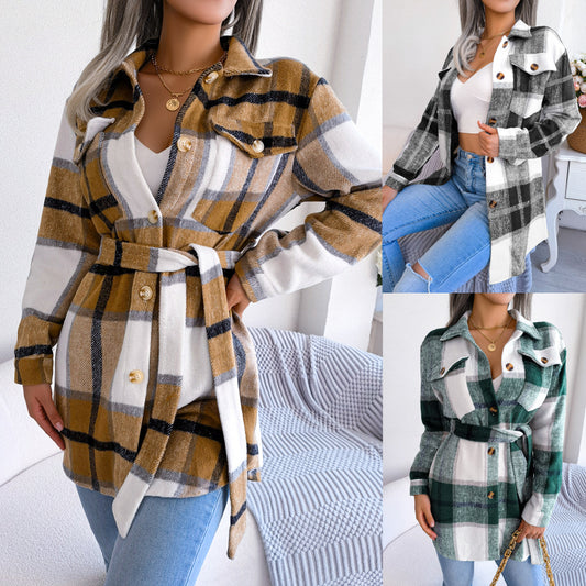 Autumn and Winter Casual Contrast Color Plaid Long Sleeves Tie Thick Woolen Coat Hot Sale Women's Outwear Clothing