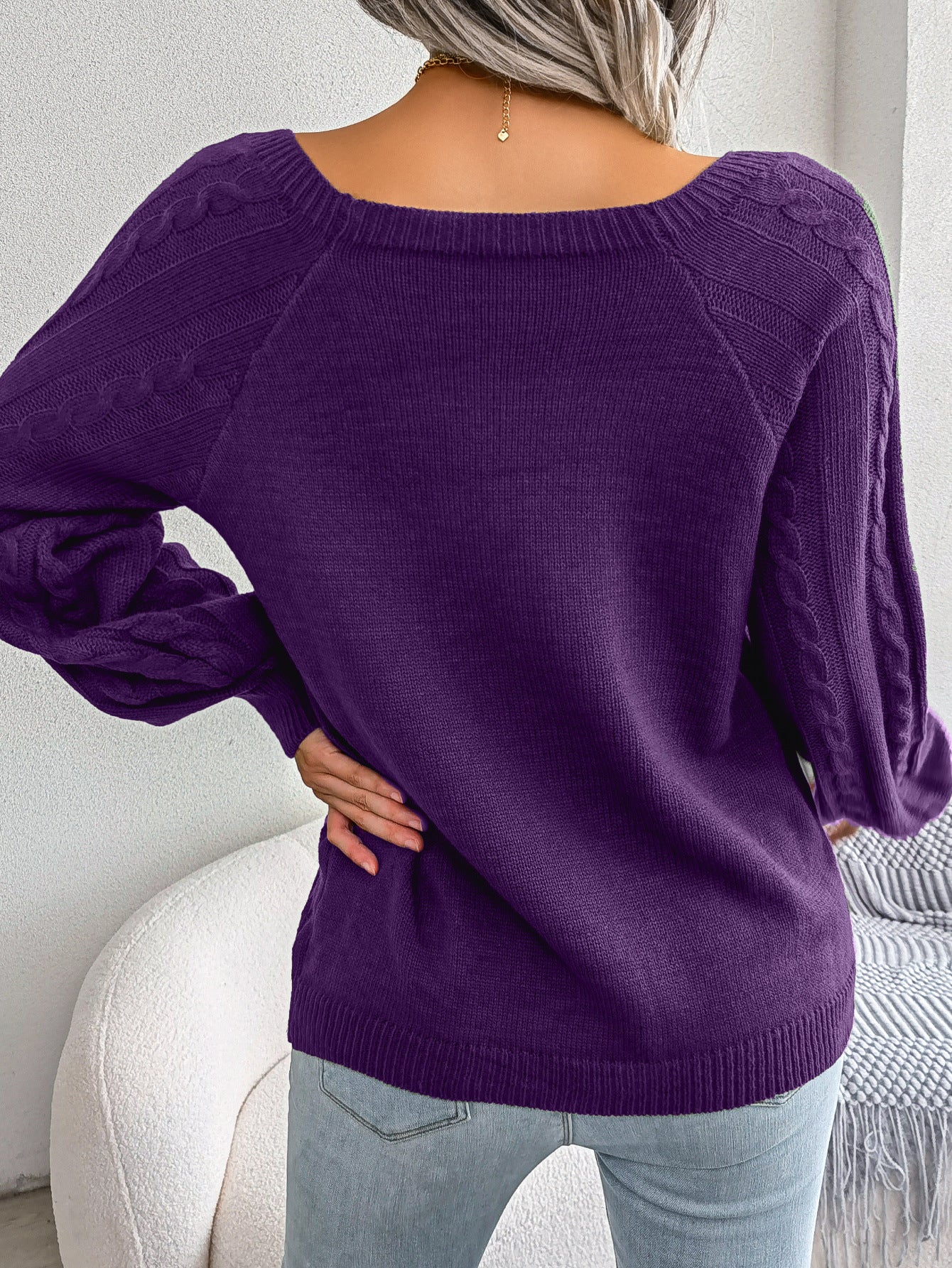 Autumn and Winter Casual Square Collar Decorative Button Twist Knitted Pullover Sweater for Women