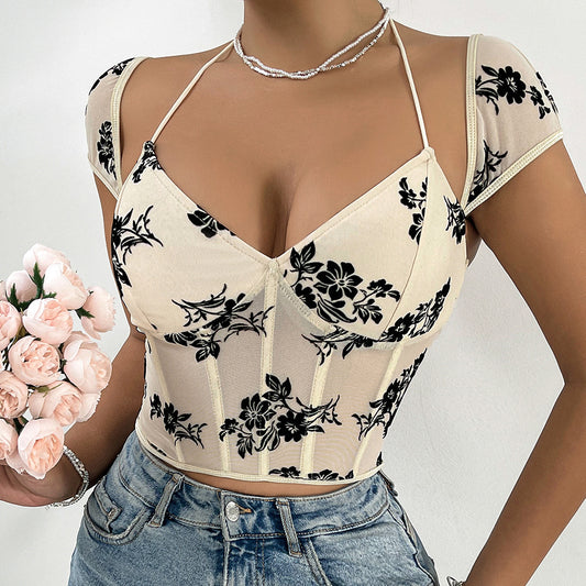 Hot Girl Perspective Low Chest Lace Flocking Short Bustier