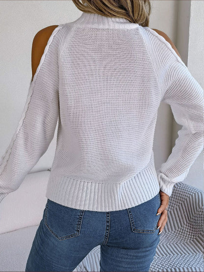 Autumn and Winter Casual Off-shoulder High-neck Hollow Long-sleeved Knitted Pullover Sweater for Women