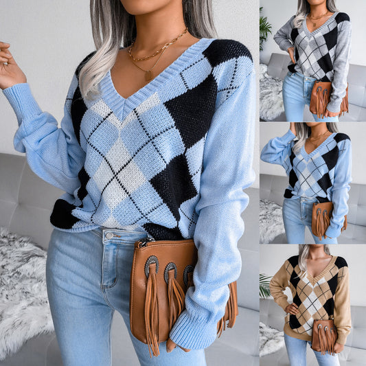 Autumn and Winter College Style Diamond Plaid Long-sleeved V-neck Casual Sweater for Women