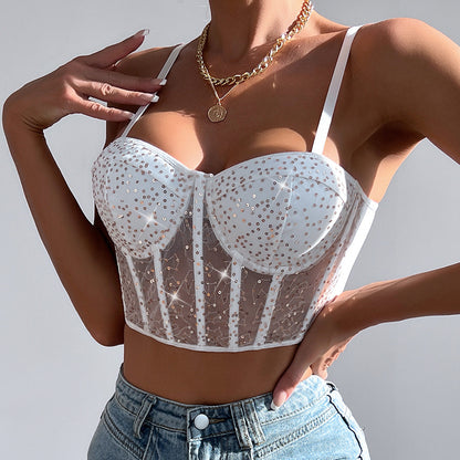 Hot Girl's Sexy Low-cut See-through Mesh Splicing Sequined Short Top Bustier for Women