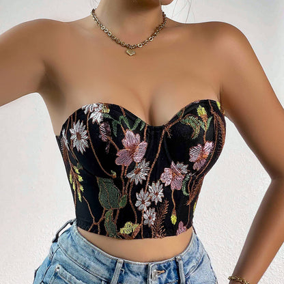 Sexy Low-cut Navel-baring Embroidered Crop Top Bustier for Women