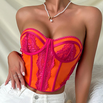 Hot Girl's Sexy Low-cut Color-blocked Chest-wrapped Lace Top Bustier with Underwire