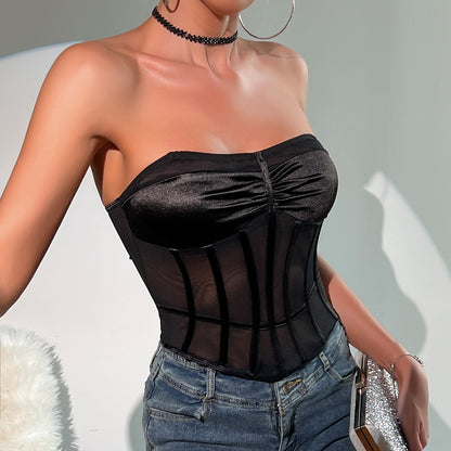 Hot Girl Black See-through Mesh Spliced Bra Backless Pleated Top Women Bustier