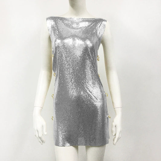 Women's Silver Metallic Sequin Rave Pin High Slit Dress Party Evening Dress