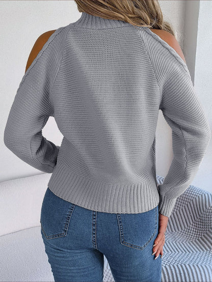 Autumn and Winter Casual Off-shoulder High-neck Hollow Long-sleeved Knitted Pullover Sweater for Women