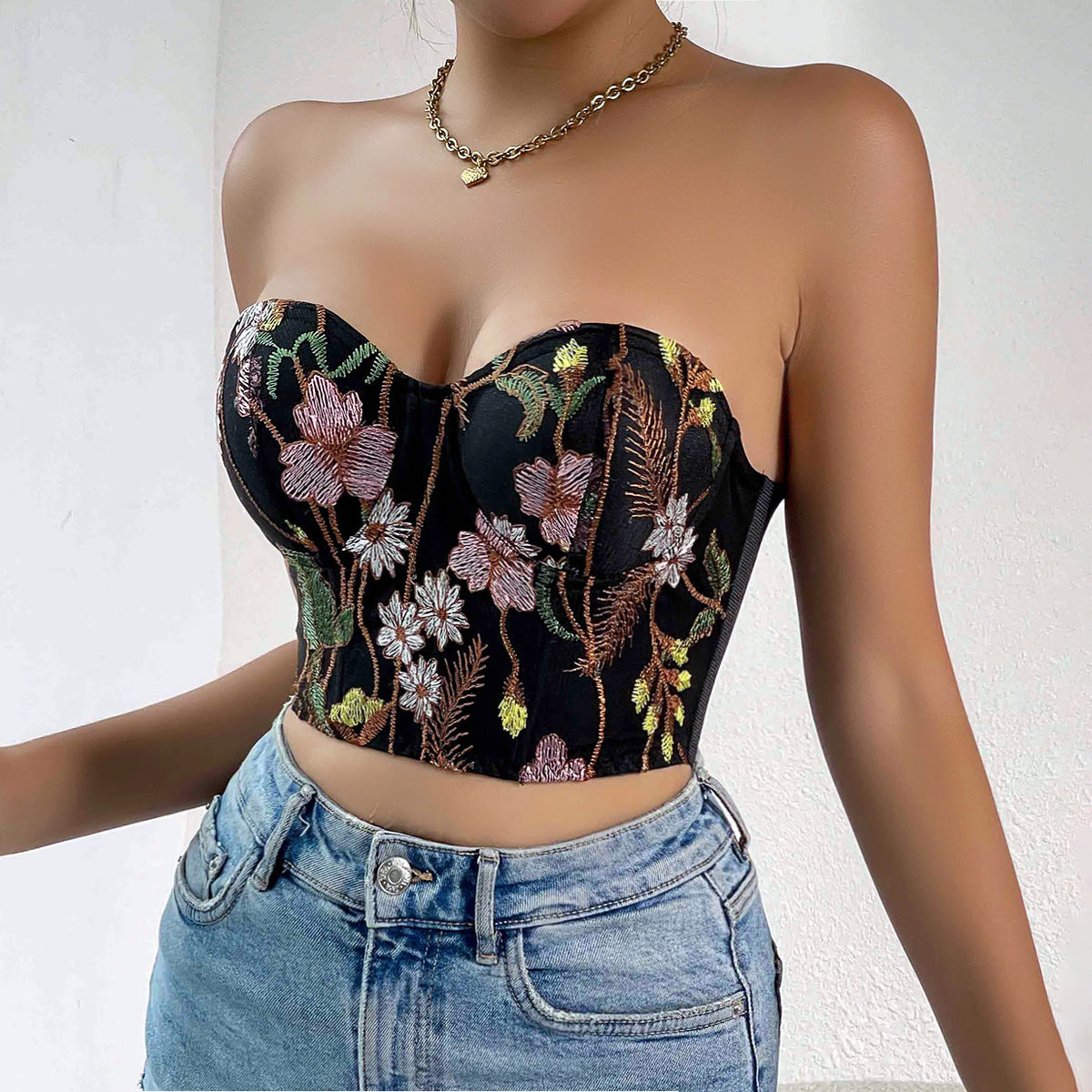 Sexy Low-cut Navel-baring Embroidered Crop Top Bustier for Women