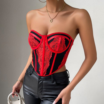 Hot Girl's Sexy Low-cut Color-blocked Chest-wrapped Lace Top Bustier with Underwire