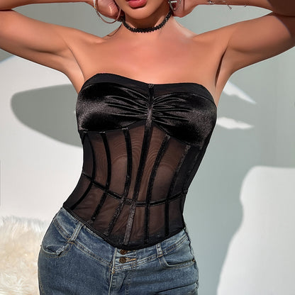 Hot Girl Black See-through Mesh Spliced Bra Backless Pleated Top Women Bustier