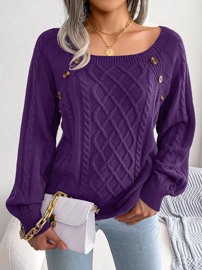 Autumn and Winter Casual Square Collar Decorative Button Twist Knitted Pullover Sweater for Women