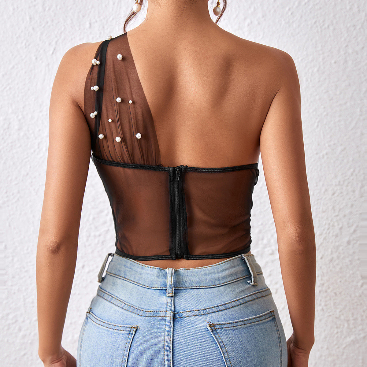 Hot Girl Pearl Embellished See-through Mesh Bustier Body-hugging Top Bustier For Women