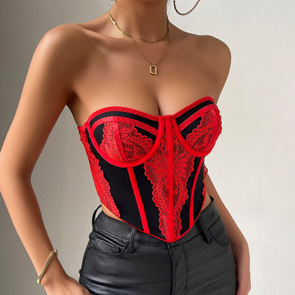 Hot Girl's Sexy Low-cut Color-blocked Chest-wrapped Lace Top Bustier with Underwire