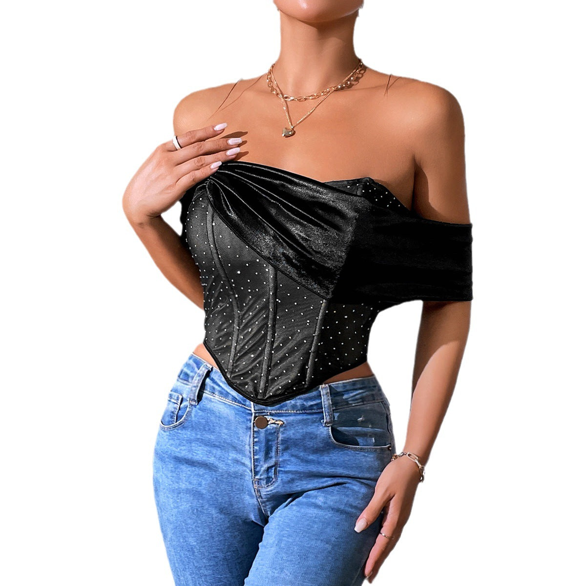 Sexy Low-cut Bustier Patchwork Mesh Top for Women