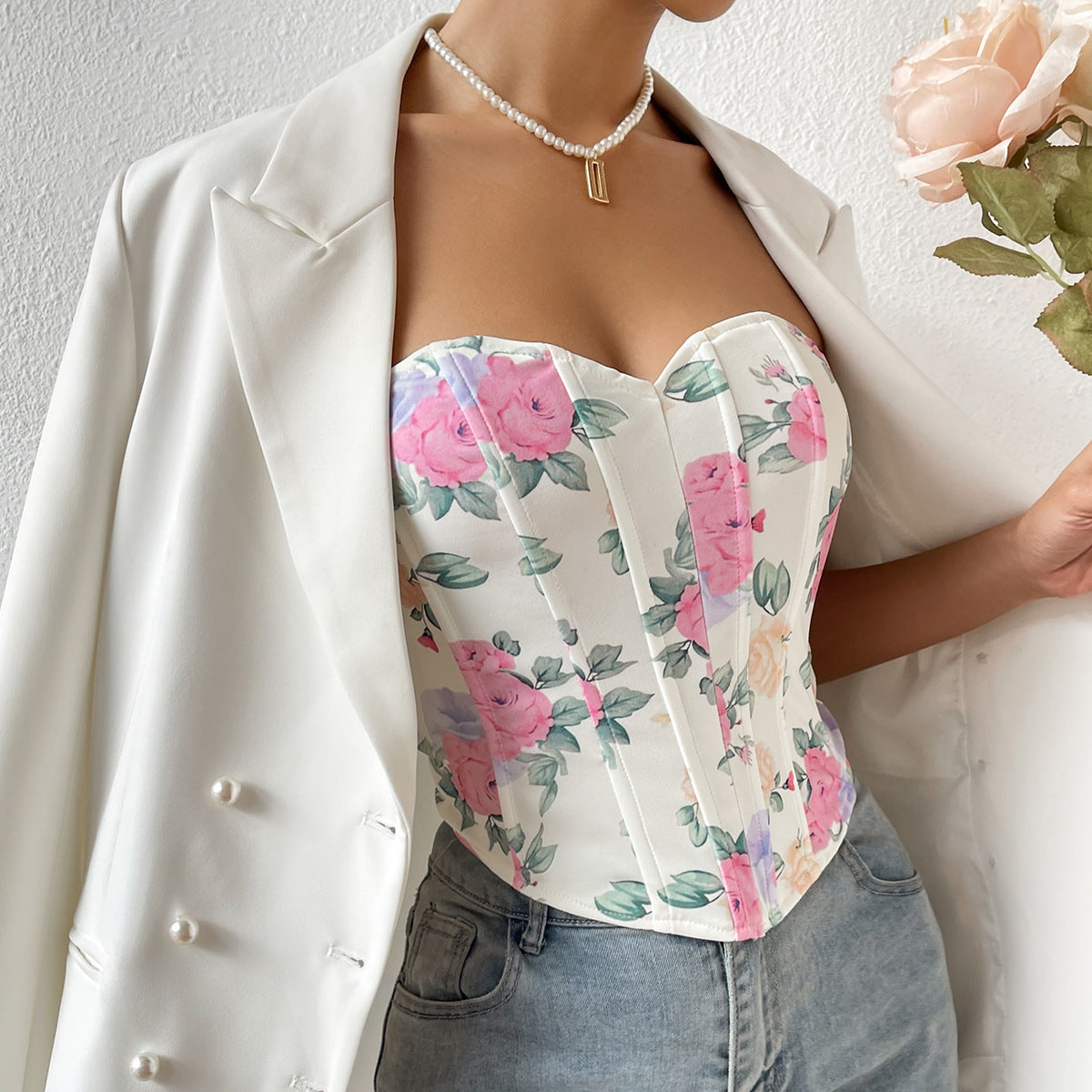 Sexy Hot Girl Low-cut Printed Flower Wrap Top Women Bustier