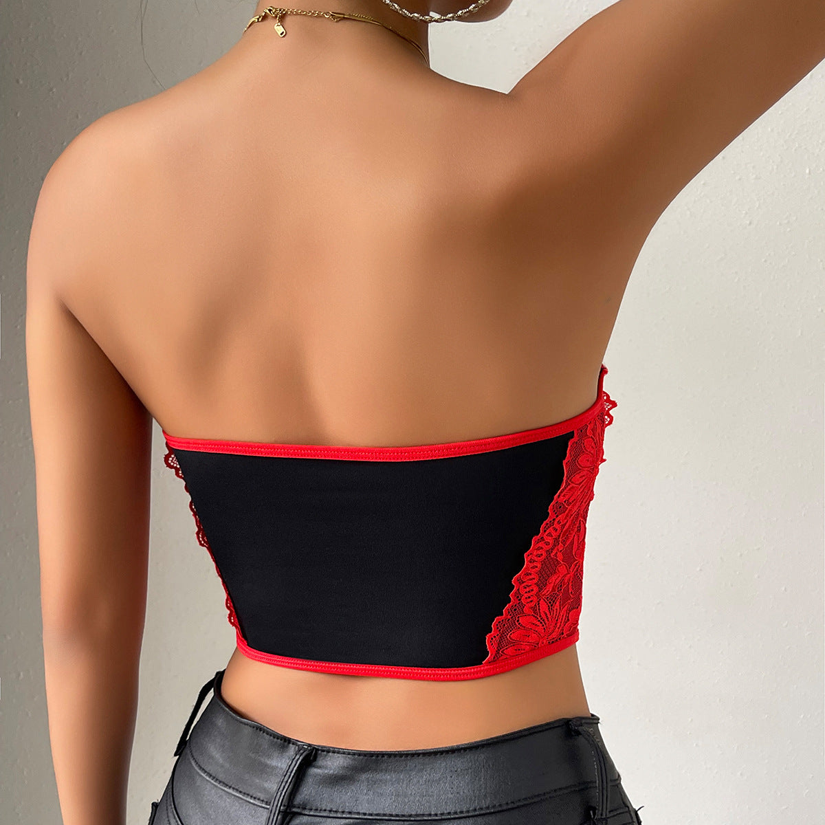 Hot Girl's Sexy Low-cut Color-blocked Chest-wrapped Lace Top Bustier with Underwire