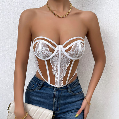 Hot Girl's Sexy Low-cut Color-blocked Chest-wrapped Lace Top Bustier with Underwire