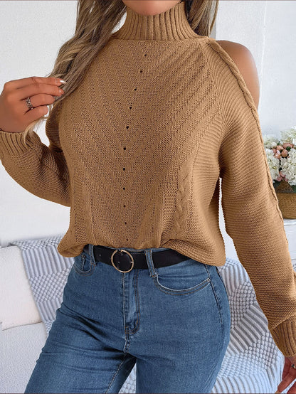 Autumn and Winter Casual Off-shoulder High-neck Hollow Long-sleeved Knitted Pullover Sweater for Women