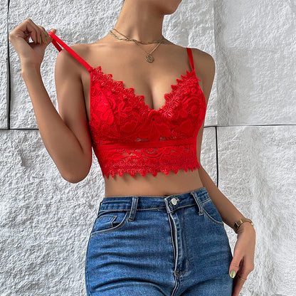 Solid Color Sexy Lace Deep V Strappy Short Vest Women Top