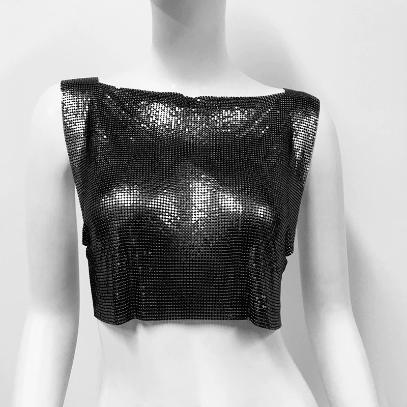 Black Metallic Sequin Top Rave Vest Music Festival Camisole