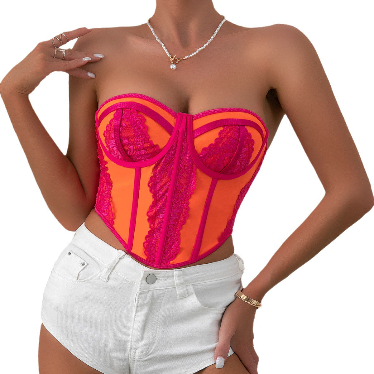 Hot Girl's Sexy Low-cut Color-blocked Chest-wrapped Lace Top Bustier with Underwire