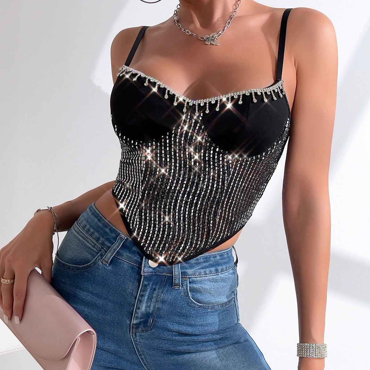 Hot Girl coupe basse Sexy gland porte-jarretelles paillettes strass Bustier 