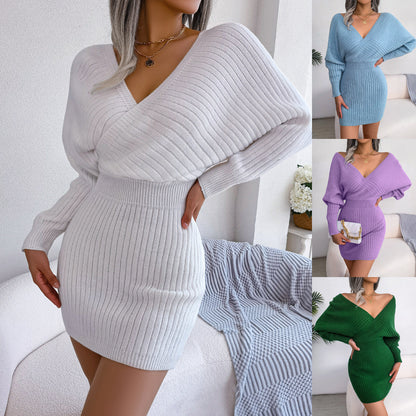 Autumn and Winter Sexy Cross V-neck Bat Long Sleeve Sweater Hip Dress for Women