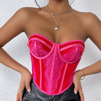 Hot Girl's Sexy Low-cut Color-blocked Chest-wrapped Lace Top Bustier with Underwire