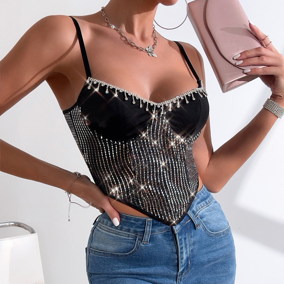 Hot Girl coupe basse Sexy gland porte-jarretelles paillettes strass Bustier 